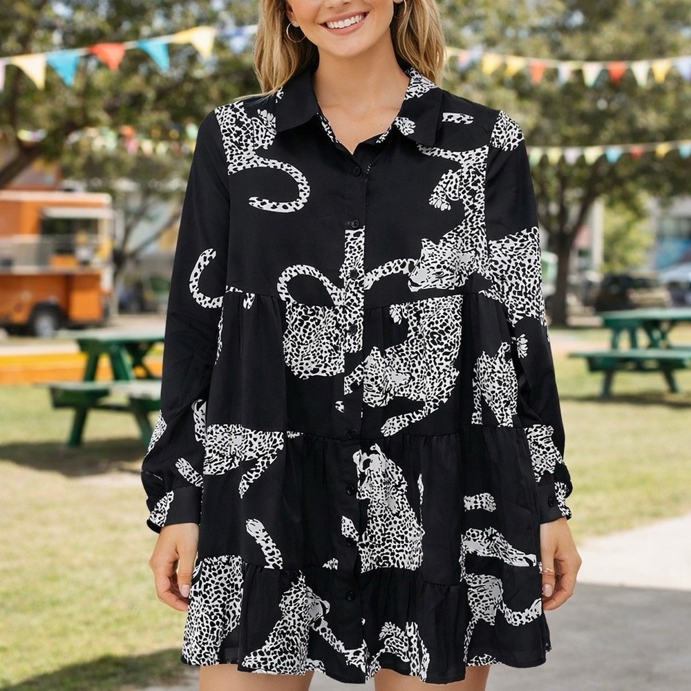 Jenny Boston Leopard Jaguar Tiered Shirt Dress Small Medium Black White Short